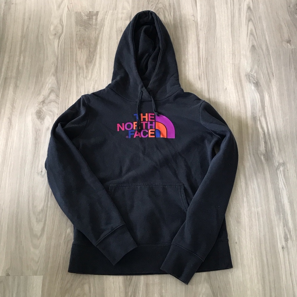 The North Face Men's Navy Hoodie with Pink Logo
